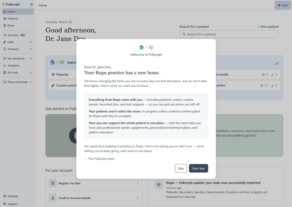 Fullscript Home page with a guided tour prompt for practices moving from Rupa.